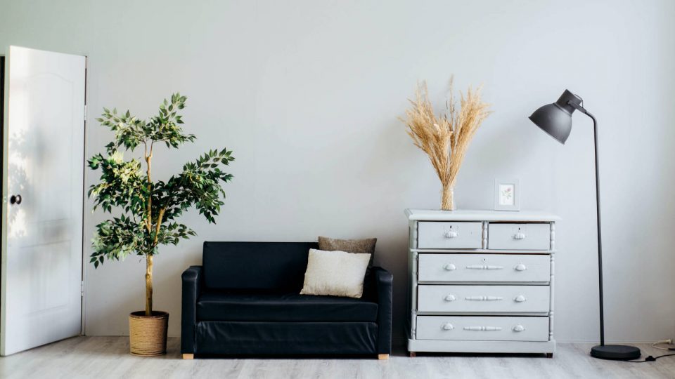 Raum mit Couch, Kommode, Lampe und Pflanzen